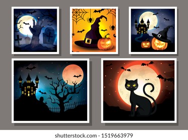 set cards with halloween scenes