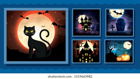 set cards with halloween scenes