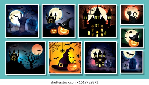 set cards with halloween scenes