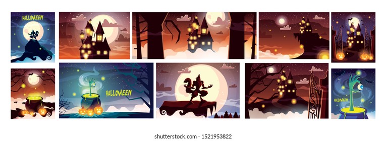 set of cards with halloween scenes vector illustration design