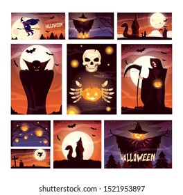 set of cards with halloween scenes vector illustration design