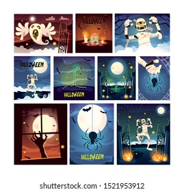 set of cards with halloween scenes vector illustration design