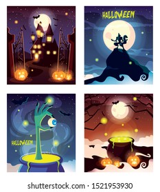 set of cards with halloween scenes vector illustration design