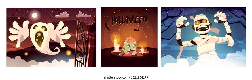 set of cards with halloween scenes vector illustration design