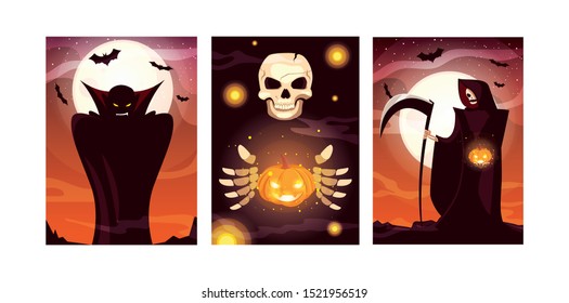 set of cards with halloween scenes vector illustration design