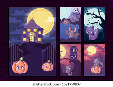 set of cards with halloween scenes vector illustration design