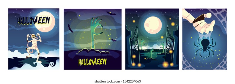 set of cards with halloween scenes vector illustration design