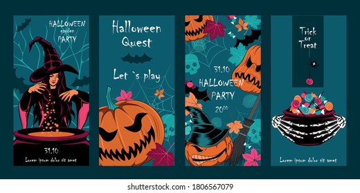 Set of cards for halloween. Vector image of a conjuring witch, pumpkins, candies, leaves, cobwebs, skulls. Eliminations for design, for cards, banners, flyers.