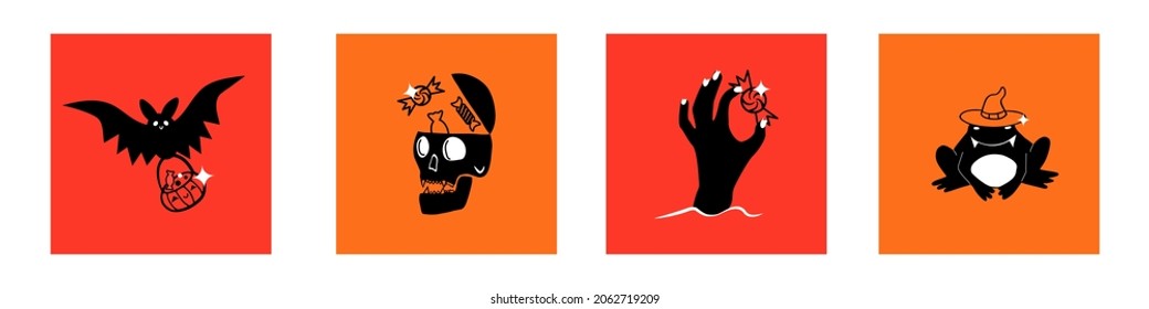 A set of cards Halloween.Halloween concept. Cute cartoon creepy characters.