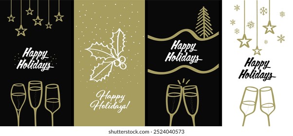 Set of cards with hand drawings of champagne glasses and Christmas party decorative elements. Vector illustration