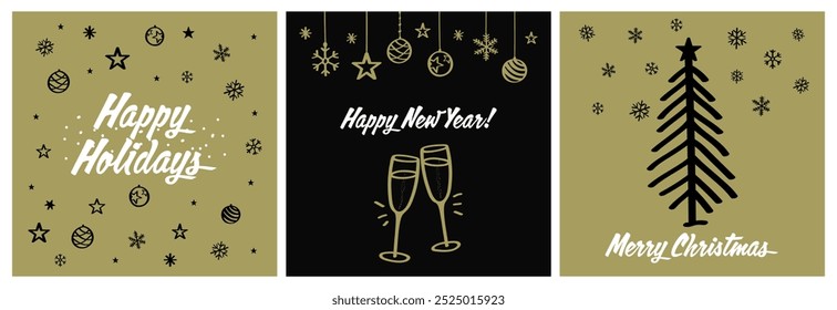 Set of cards with hand drawings of champagne glasses and Christmas party decorative elements. Vector illustration