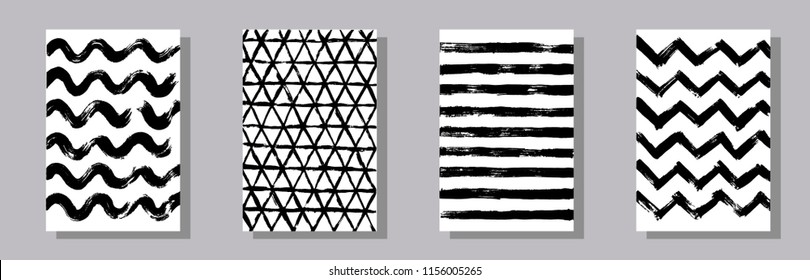 Set of cards with hand drawn black lines. Template for design of poster, placard, brochure, flyer, invitation. Vector illustration