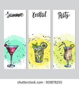 Set of cards with hand drawn cocktails on bright colorful splashes and place for text