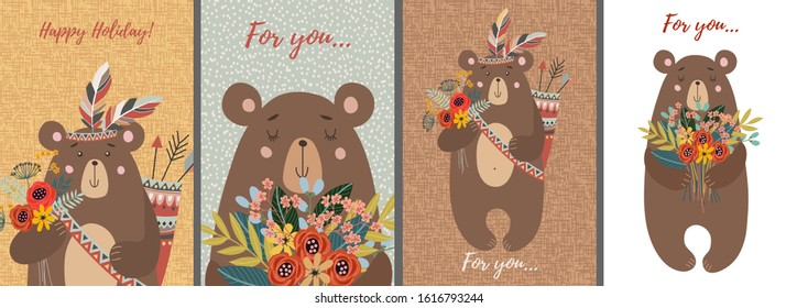 Set of cards with Hand drawn cute bears. Childish vector illustration