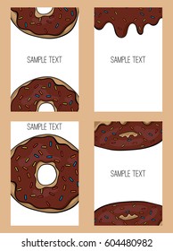 Set of cards with hand drawn donuts. Donuts with chocolate glaze.
