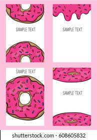 Set of cards with hand drawn donuts. Donuts with pink glaze.