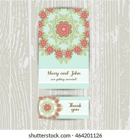 Set of cards with hand drawn flowers. Business card and invitation.