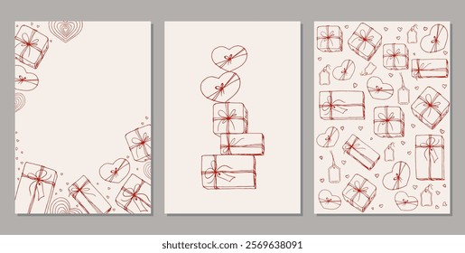 Set of cards with hand drawn gift boxes. Doodle line art vector illustration.