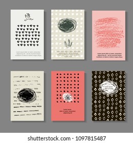 Set of cards with hand drawn hipster style texture. Trendy collection templates for brochure, placard, flyer, poster, banner design, card, cover, invitation.