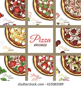 Set of cards with hand drawn pizza. Pizza with different ingredients. Pages of menu. Vector illustration.