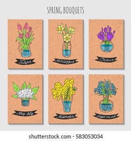 A set of cards with hand-drawn spring bouquet of flowers.