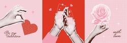 Set Of Cards With Hands In Halftone For Valentine's Day Collage Style. Woman Hands Holding Halftone Heart, Rose, Wine Glasses. Paper Cut Out Gifts For Valentine's Day. Retro Vector Illustration.