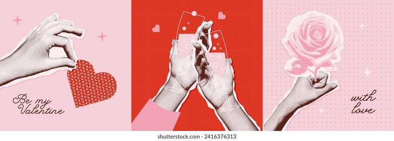 Set of cards with Hands in halftone for Valentine's day collage style. Woman hands holding halftone heart, rose, wine glasses. Paper cut out gifts for Valentine's Day. Retro vector illustration.