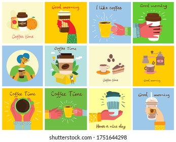 Set of cards with hands hold a cup of hot black dark coffee or beverage, with hand written text, simple flat colorful warm vector illustration.