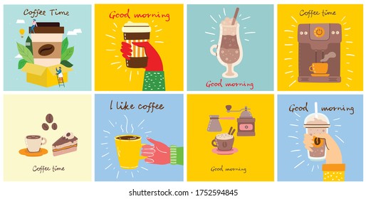 Set of cards with hands hold a cup of hot black dark coffee or beverage, with hand written text, simple flat colorful warm vector illustration.