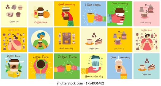 Set of cards with hands hold a cup of hot black dark coffee or beverage, with hand written text, simple flat colorful warm vector illustration.