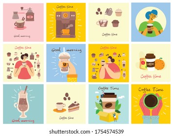 Set of cards with hands hold a cup of hot black dark coffee or beverage, people drinking coffee with cake, with hand written text, simple flat colorful warm vector illustration.