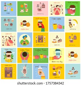 Set of cards with hands hold a cup of hot black dark coffee or beverage, with breakfast food, simple flat colorful vector illustration.
