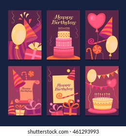 Set of cards Happy Birthday. Collection greeting templates. Invitation cards to the party. Vector banners with cake, balloons, candy, gifts.