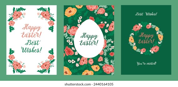 Set of cards for happy easter in cottagecore style, vector illustration