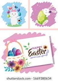 set cards of happy easter with decoration vector illustration design
