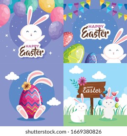 set cards of happy easter with decoration vector illustration design