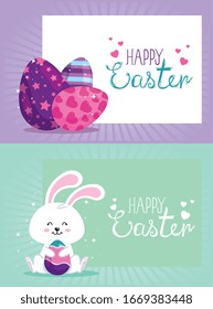 set cards happy easter with decoration vector illustration design