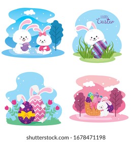 set cards of happy easter with decoration vector illustration design