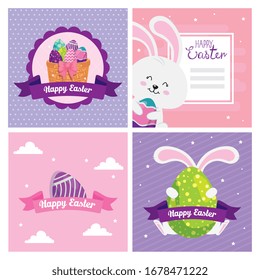 set cards of happy easter with decoration vector illustration design