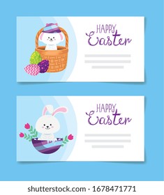 set cards of happy easter with decoration vector illustration design