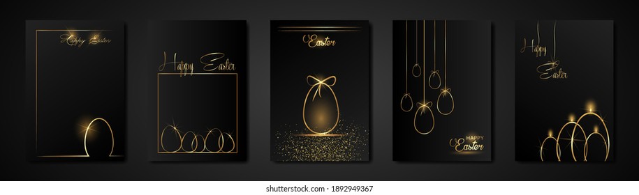 set cards Happy Easter gold texture, golden luxury black modern background. Easter holiday invitations templates collection with hand drawn lettering and gold easter eggs. Vector fashion illustration