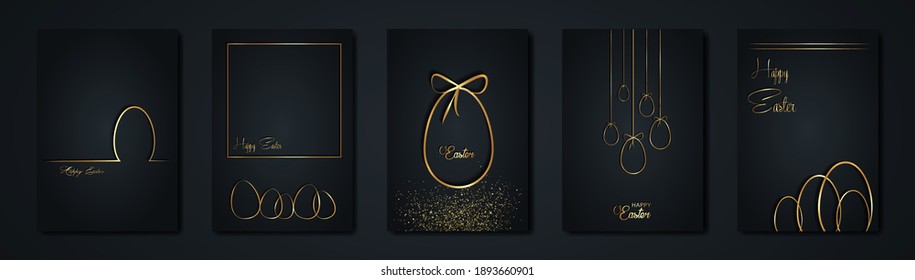 set cards Happy Easter gold texture, golden luxury black modern background. Easter holiday invitations templates collection with hand drawn lettering and gold easter eggs. Vector fashion illustration