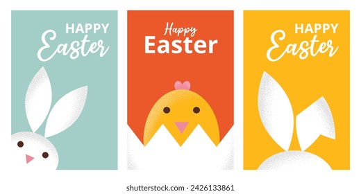 Juego de tarjetas para Feliz Pascua con anidamiento, conejito y tipografía. Formas geométricas simples con textura grunge. Estética minimalista de moda. Diseño moderno para póster, banner, invitación, portada.