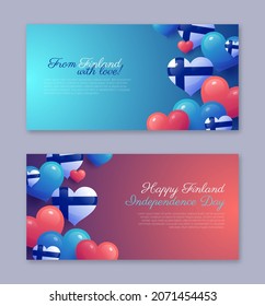 Set of cards for Happy Finland national holiday. Independence Day greeting or invitation card, festive banner, poster, background with heart shaped inflatable balloons realistic vector illustration