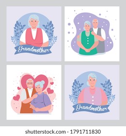 Set Cards Of Happy Grand Parents Day With Cute Old People Vector Illustration Design