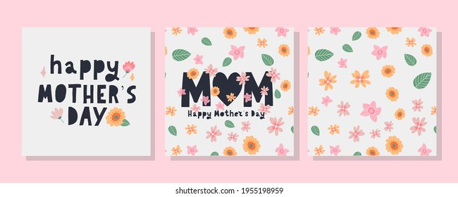 Set cards to the Happy Mother's Day. Calligraphy and lettering. Vector illustration on white background flowers pattern