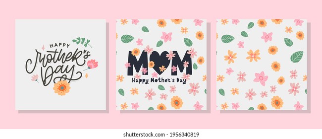 Set cards to the Happy Mother's Day. Calligraphy and lettering. Vector illustration on white background flowers pattern