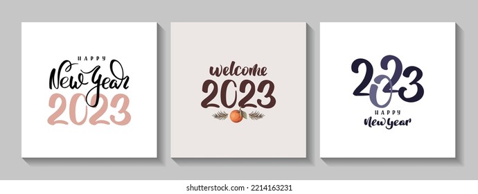 Juego de cartas con la inscripción escrita a mano de Happy New Year 2023. Ilustraciones cuadradas vectoriales para banner, tarjeta, postal, cubierta.