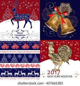 Set of cards Happy New Year, Merry Christmas with a deer and a rooster symbol of 2017. EPS10 vector.
