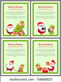 Set of cards with happy Santa and elf that are busy with celebration activities vector illustrations isolated on green backgrounds with green lines